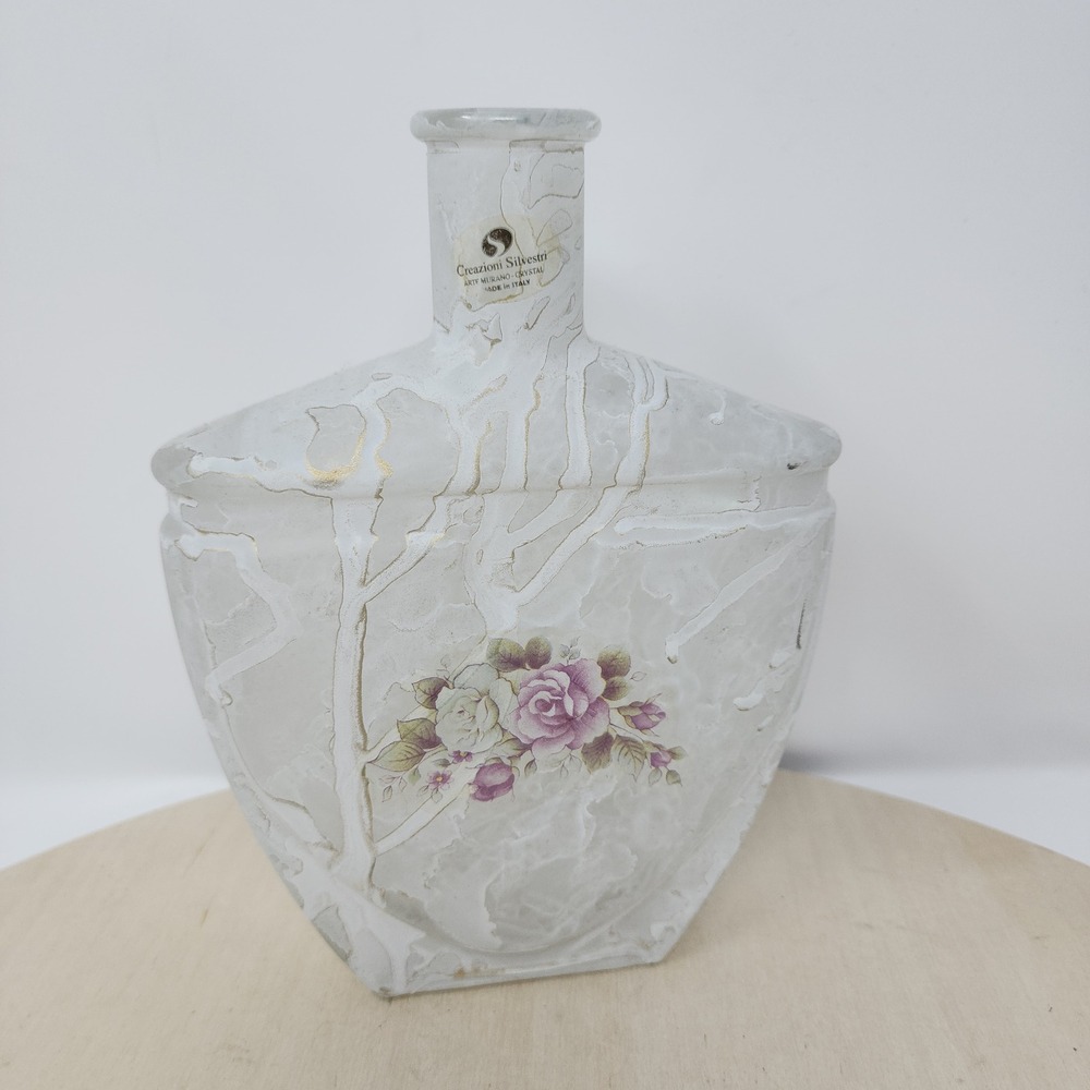 Creazioni Silvestri Murano Bottle 8.5" White Floral Italian Art Glass Vase Label